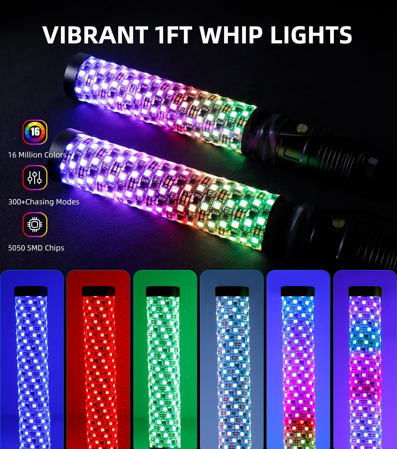 Luz de chicote de persegui&ccedil;&atilde;o de controle de APP, chicote iluminado por LED &agrave; prova d'&aacute;gua, luzes de chicote com base de mola, luz de chicote para UTV ATV, luz de chicote com aplicativo e controle remoto