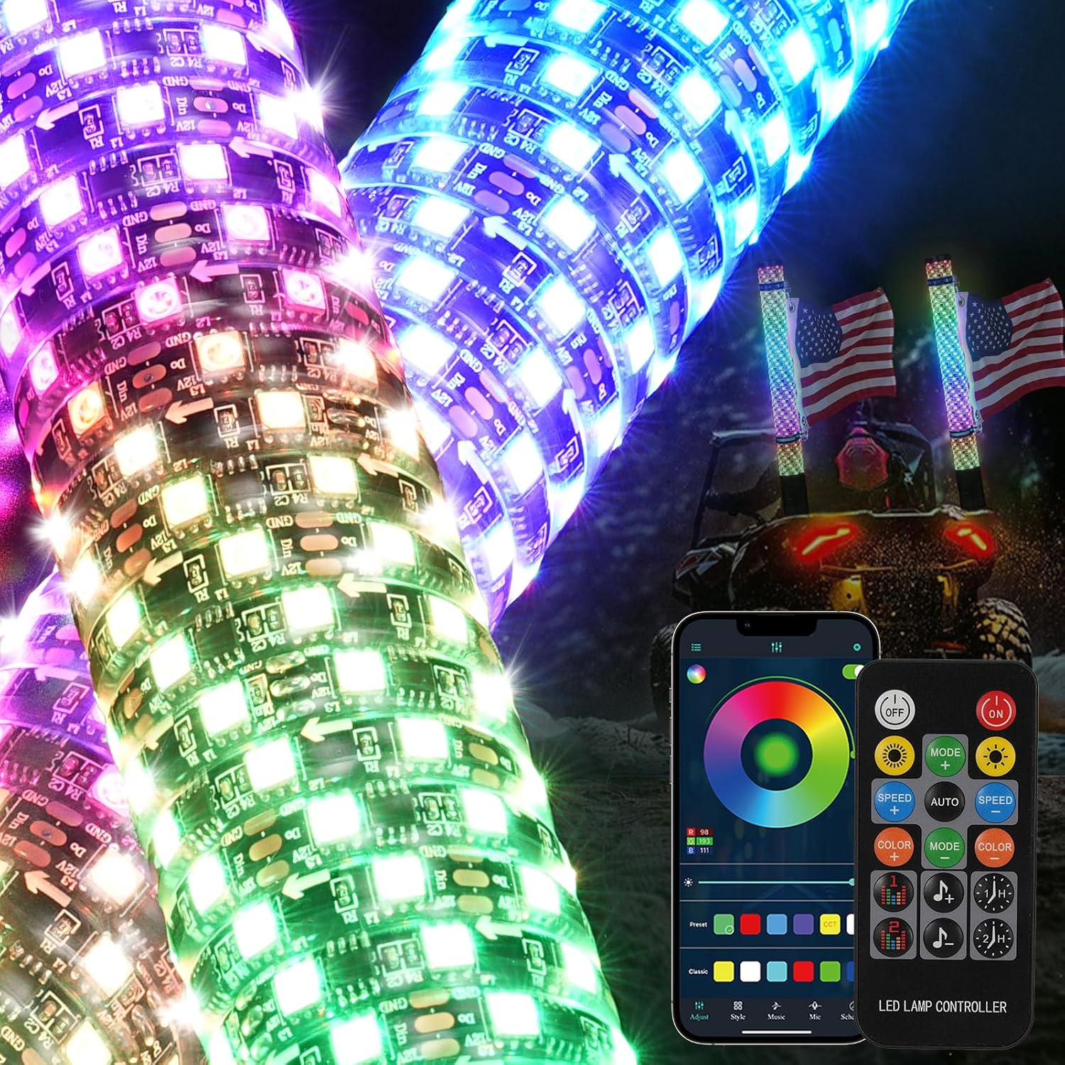 Luz de chicote de persegui&ccedil;&atilde;o de controle de APP, chicote iluminado por LED &agrave; prova d'&aacute;gua, luzes de chicote com base de mola, luz de chicote para UTV ATV, luz de chicote com aplicativo e controle remoto